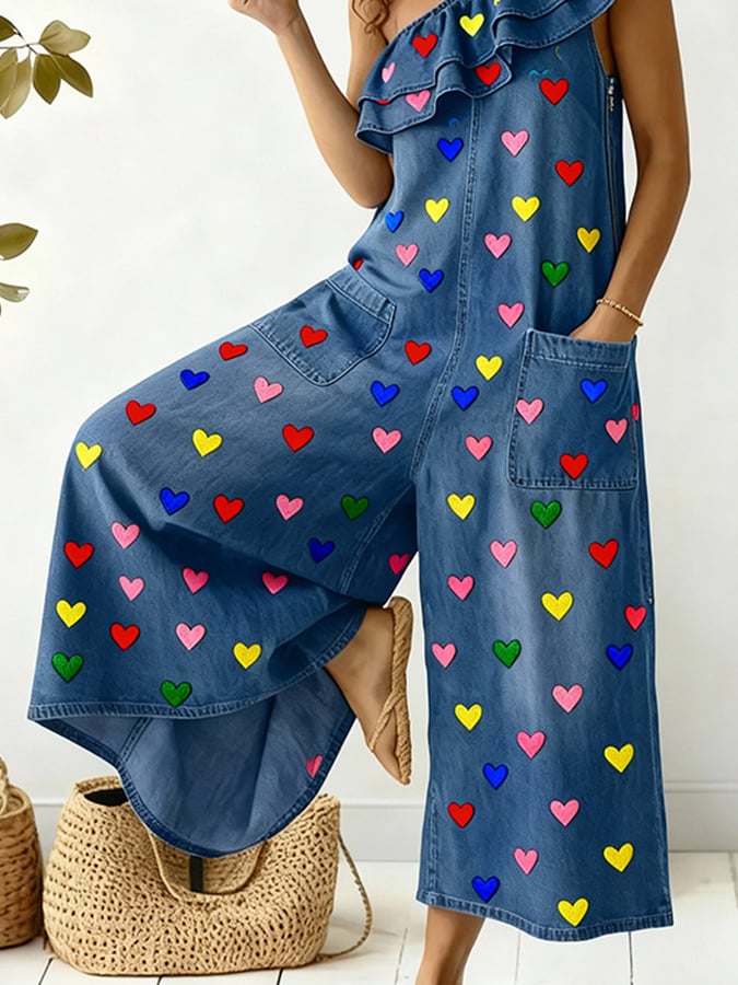 Women'S Casual Color-Blocked Printed Ruffled Jumpsuit-S.fashion