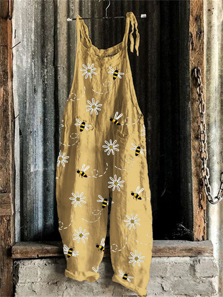 Flying Bees & Daisies Print Pattern Jumpsuit-S.fashion