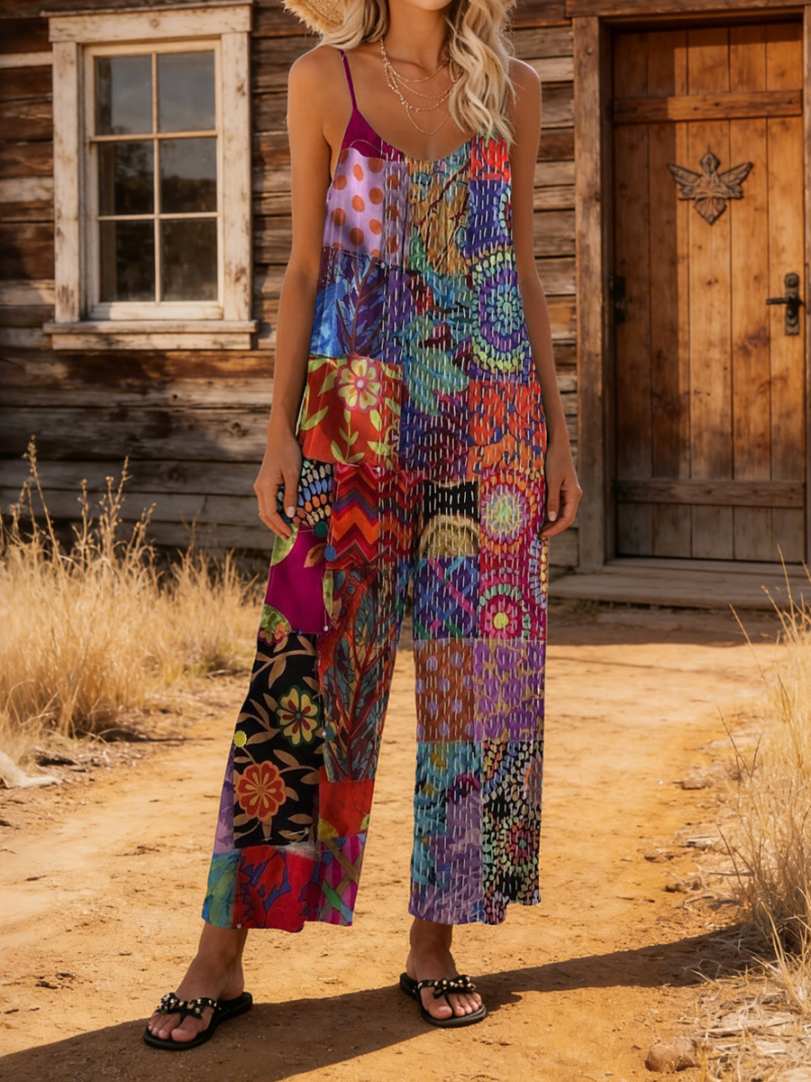 Women's Retro Colorful Bohemian Art Print Casual Suspender Jumpsuit-S.fashion