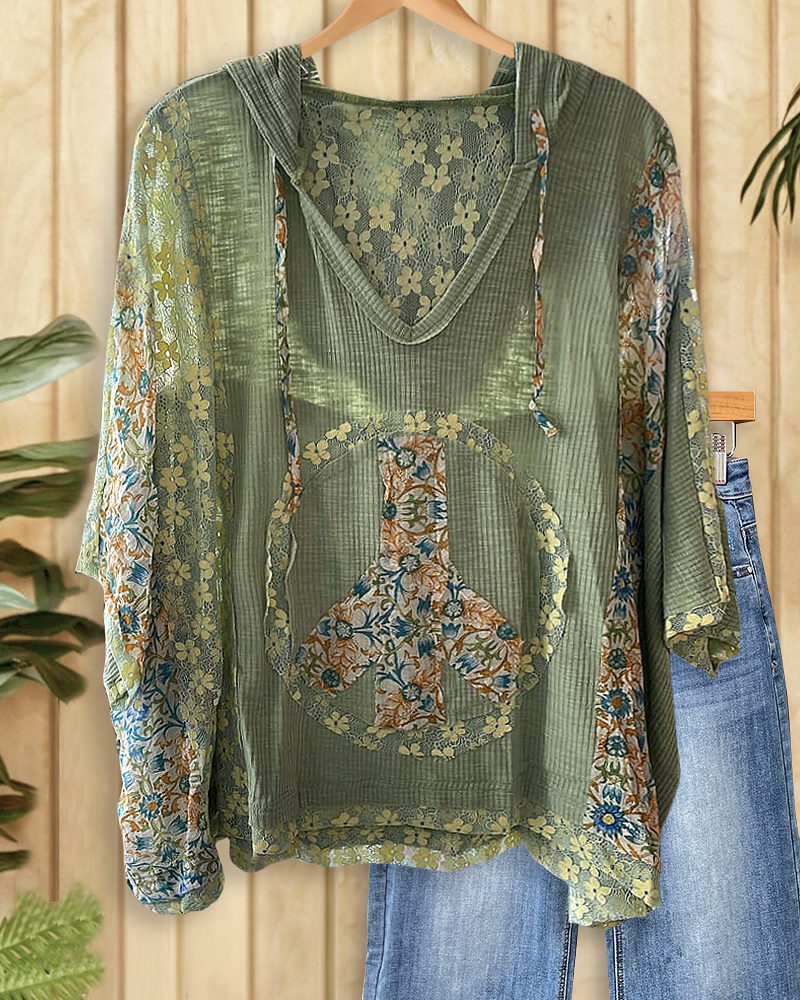 Peace Applique Mixed Patchwork Chic Hooded Batwing Sleeve Sweatshirt-S.fashion