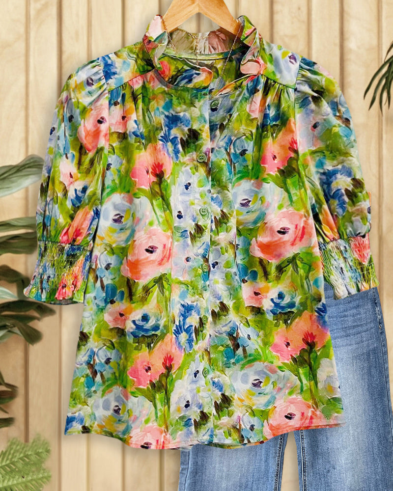Watercolor Floral Print Ruffled Collar Pretty Button T-Shirt-S.fashion