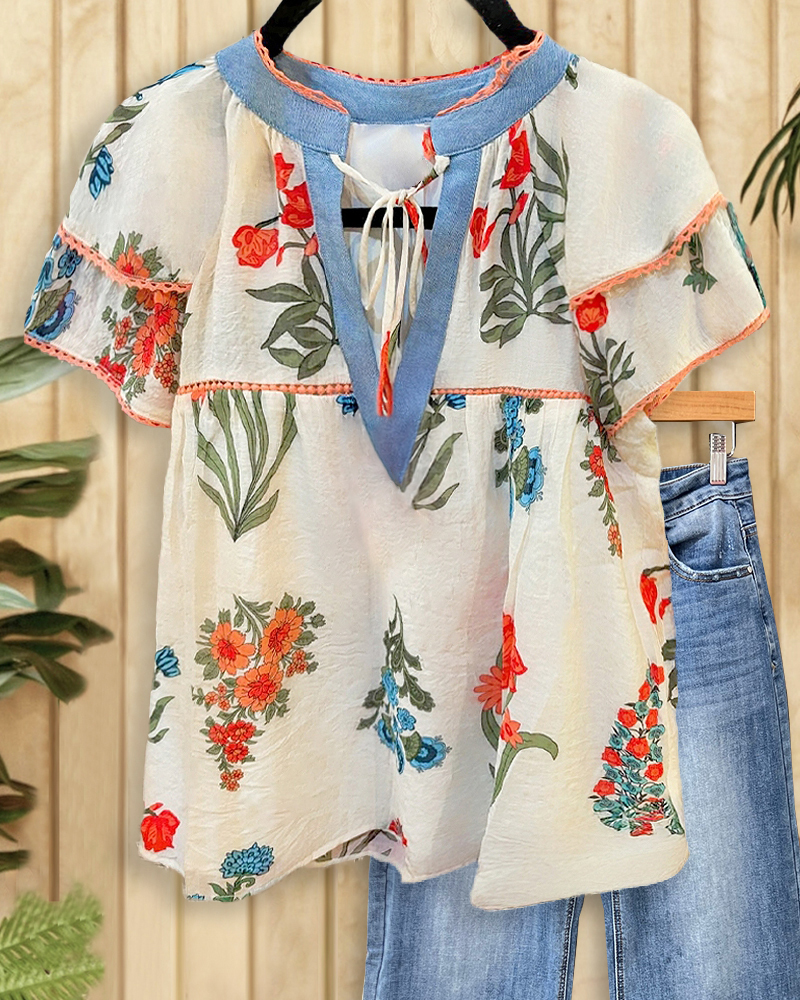 Patchwork Floral Print Pastoral Tiered Sleeve T-Shirt-S.fashion