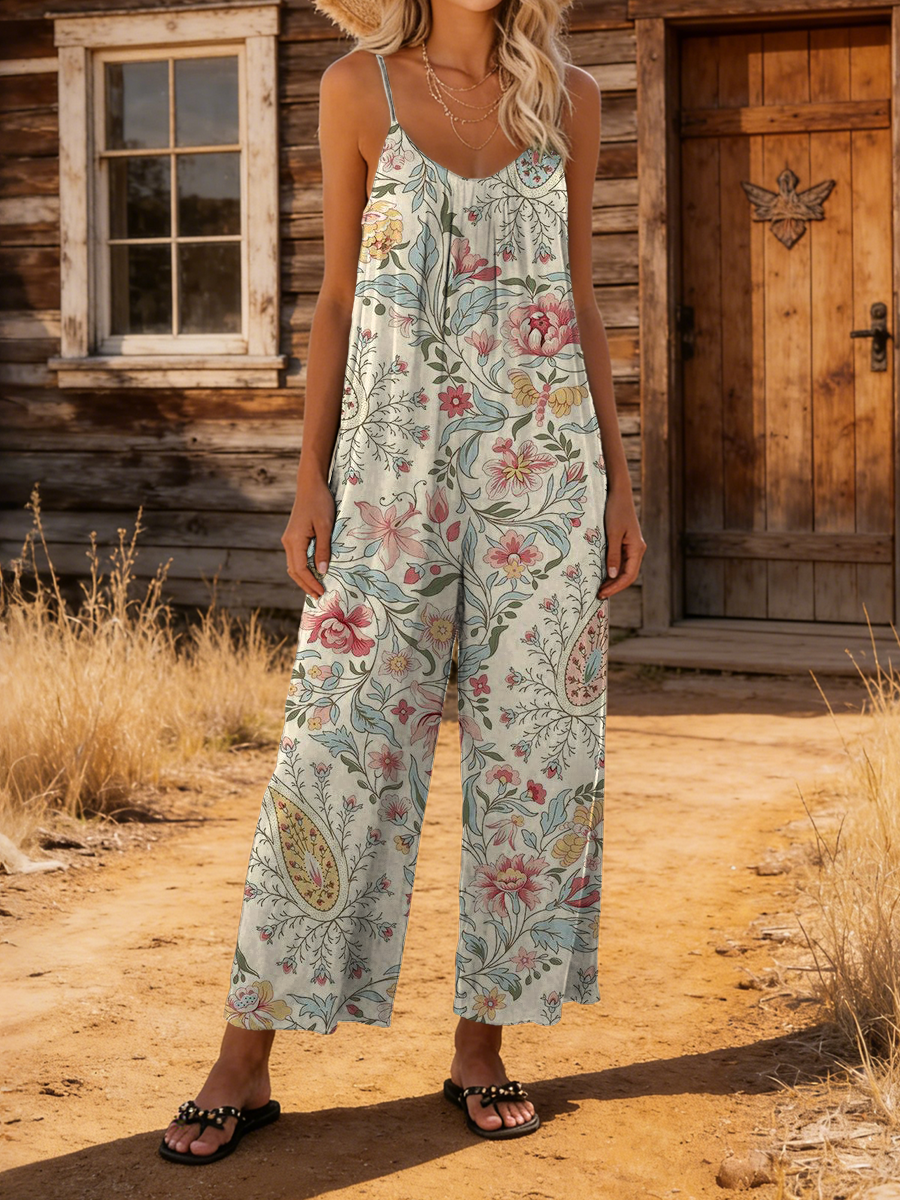 Women's Retro Bohemian Floral Art Print Casual Camisole Jumpsuit-S.fashion