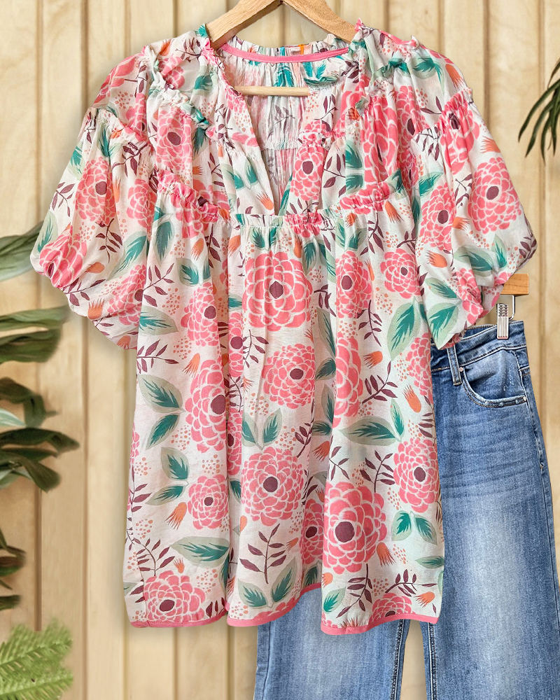 Floral Print Rocking Puff Sleeve V Neck Blouse-S.fashion