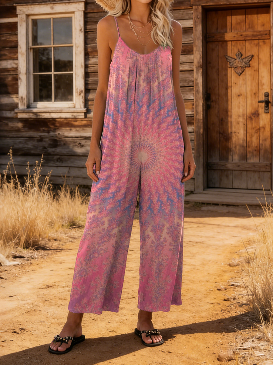 Women's Retro Gradient Art Print Casual Suspender Jumpsuit-S.fashion