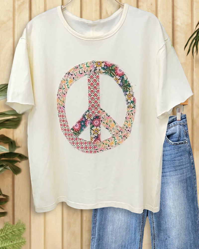 Printed Peace Sign Applique Oversized Round Neck T-Shirt-S.fashion