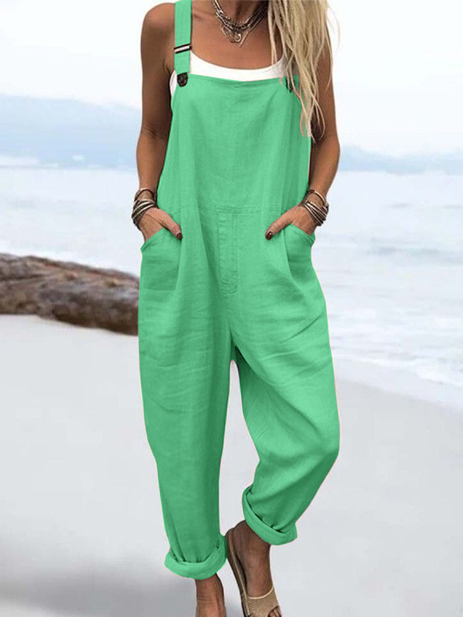 Wome's Vacation Retro  Casual Cotton Linen Wide Leg Jumpsuit-S.fashion