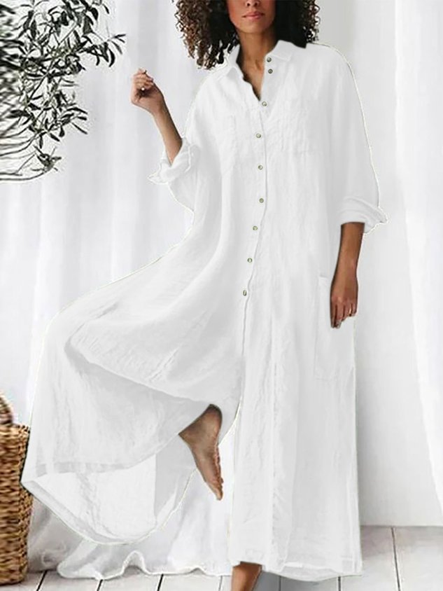 Women Plain Shawl Collar Long Sleeve Casual Spring/Fall Cotton-Blend Jumpsuit-S.fashion