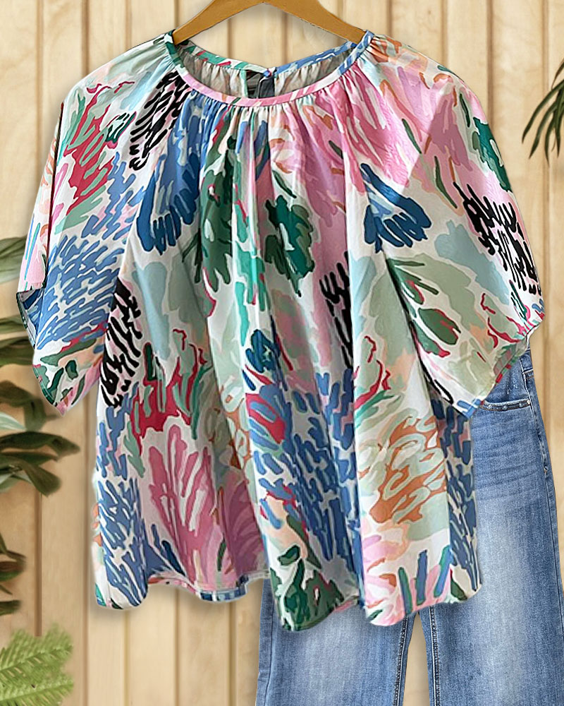 Watercolor Print On-trend Round Neck T-Shirt-S.fashion