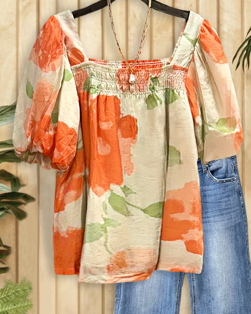 Floral Print Square Collar Puff Sleeve Stylish Blouse-S.fashion