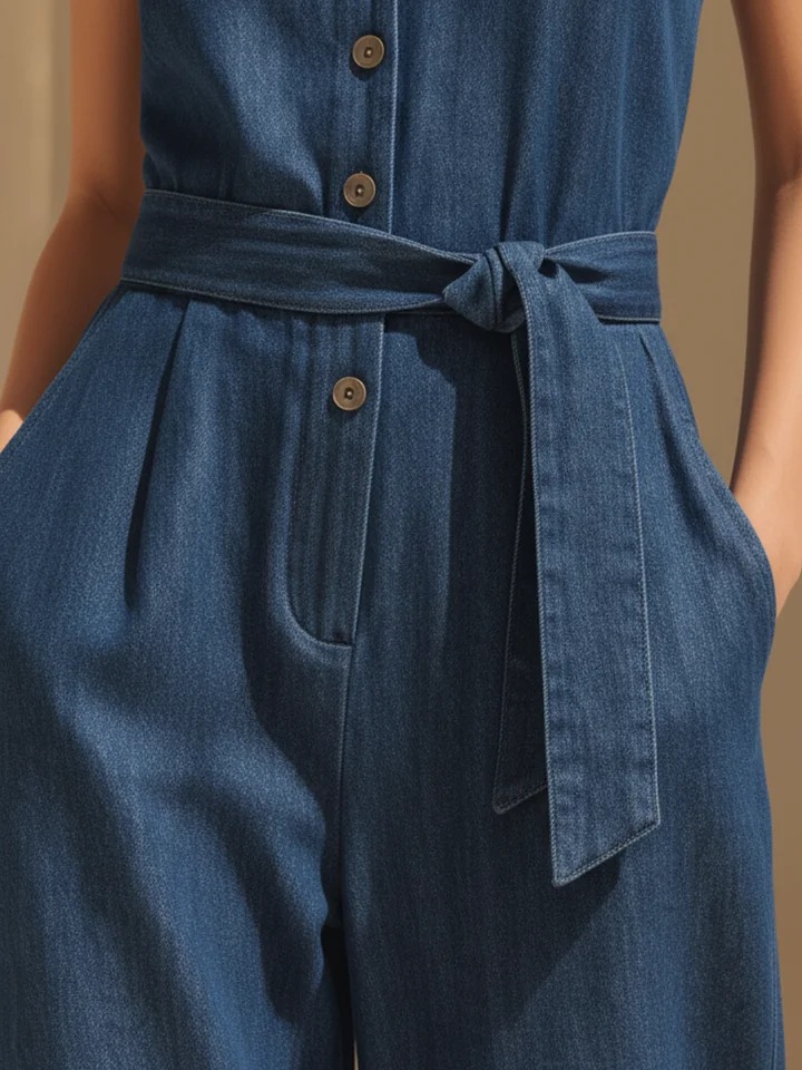 Navy Blue Tencel Denim Halter Neck Wide-Leg Jumpsuit-S.fashion