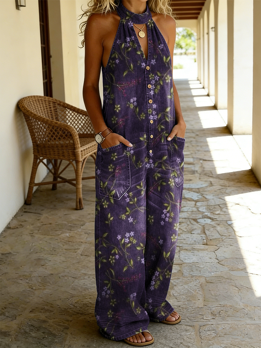 Women's Retro Floral Art Print Casual Sleeveless Pocket Jumpsuit-S.fashion