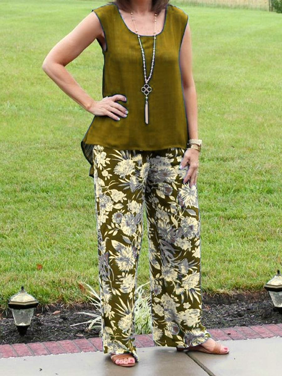 Crew Neck Vest And Printed Pants Two-Piece Set-S.fashion