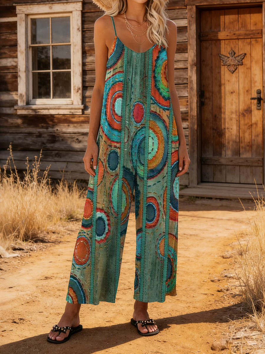 Women's Retro Colorful Ethnic Art Print Casual Cotton Jumpsuit-S.fashion