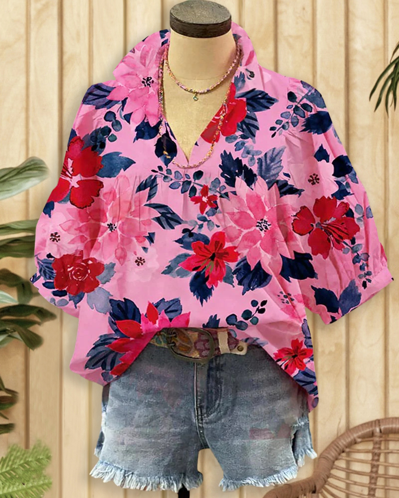 Floral Print Pretty V Neck T-Shirt-S.fashion