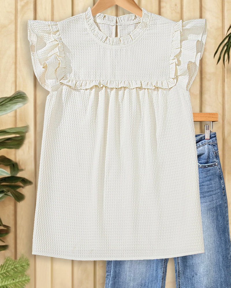 Solid Color Elegant Ruffles Waffle Blouse-S.fashion