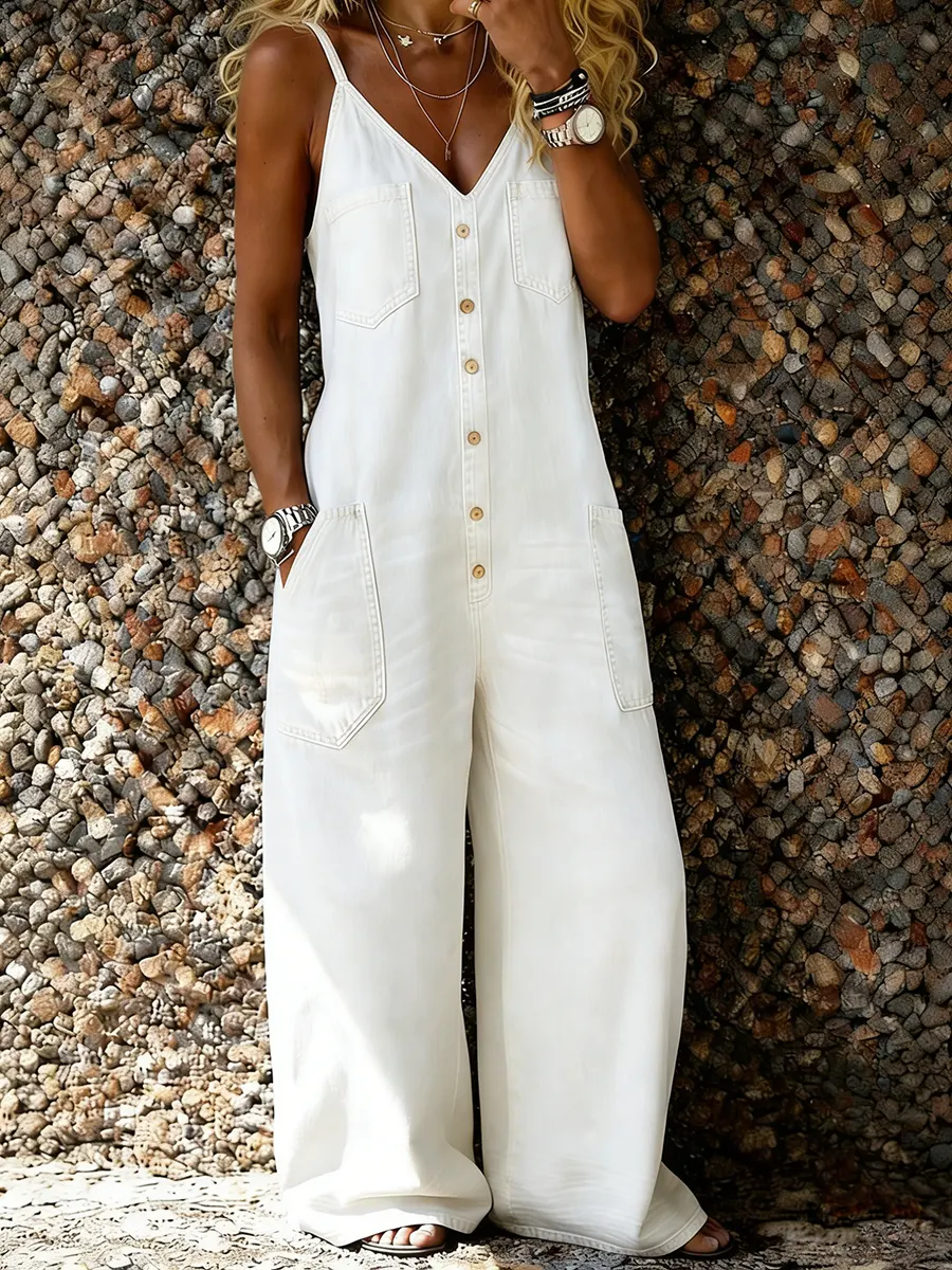 Women's Art Casual Washed Cotton Denim Jumpsuit-S.fashion