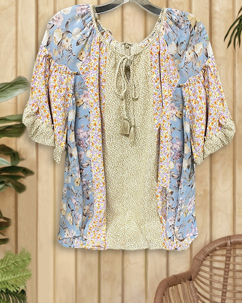 Floral Print Paneled Ruffled-Sleeve Tee-S.fashion