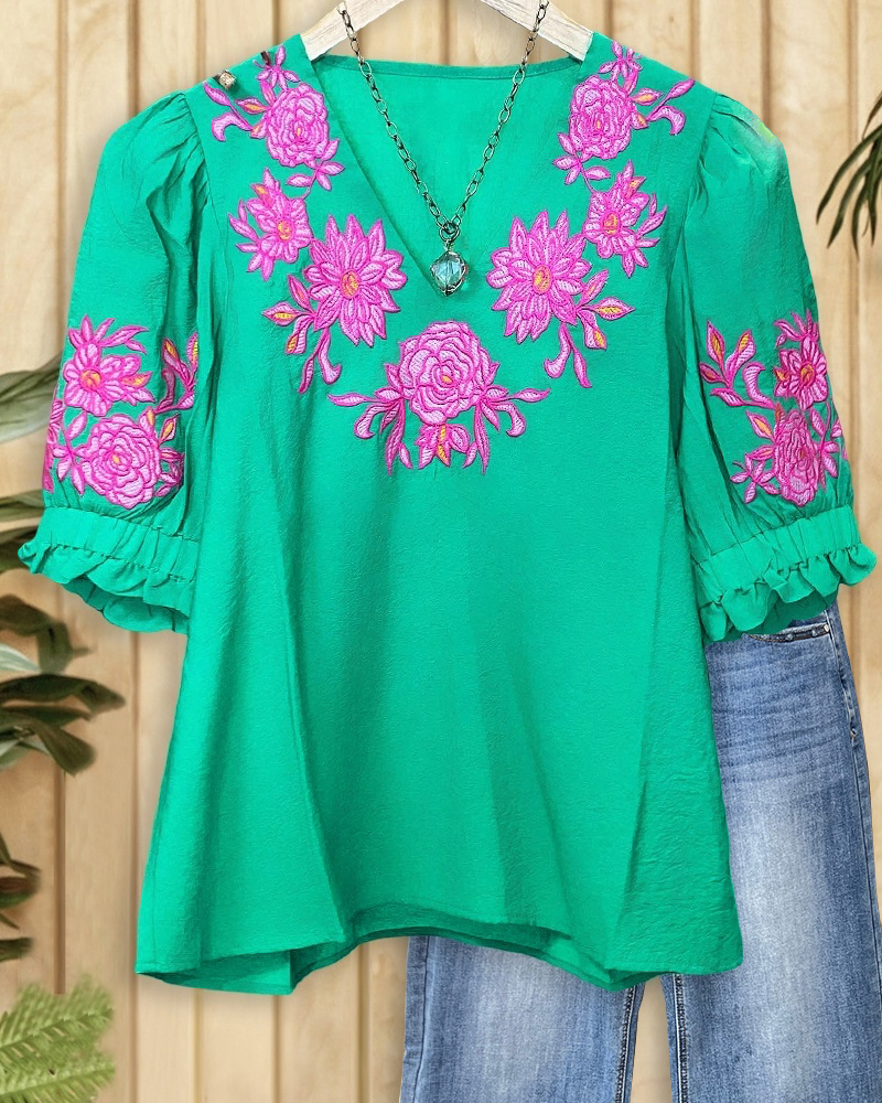 Floral Embroidery Sophisticated V Neck Blouse-S.fashion