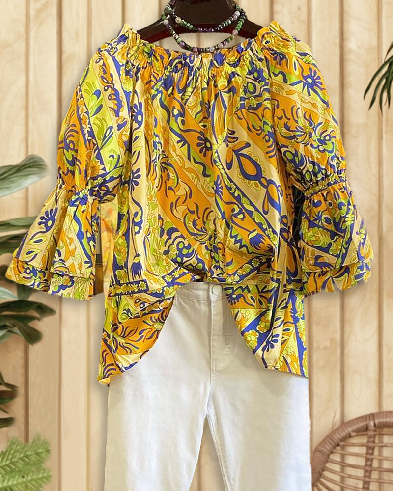 Tribal Print On-trend Bell Sleeve Blouse-S.fashion