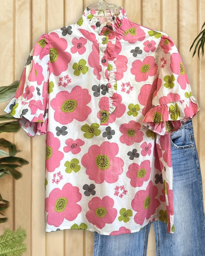 Floral Print Sweet Ruffles Trim T-Shirt-S.fashion
