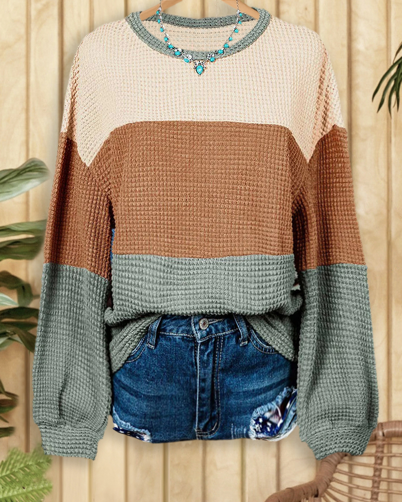 Color Block Waffle Casual Round Neck Blouse-S.fashion