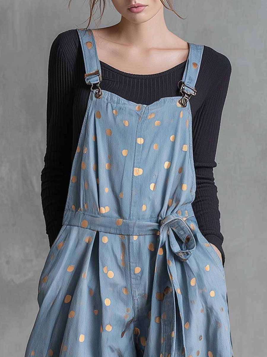 Vintage Fashion Waist Tie  Gold Polka Dots Light Blue Denim Jumpsuit Overalls-S.fashion