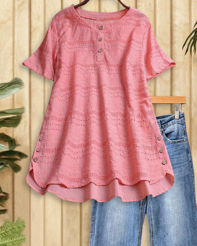 Solid Color Eyelets Classic Round Neck Button Blouse-S.fashion