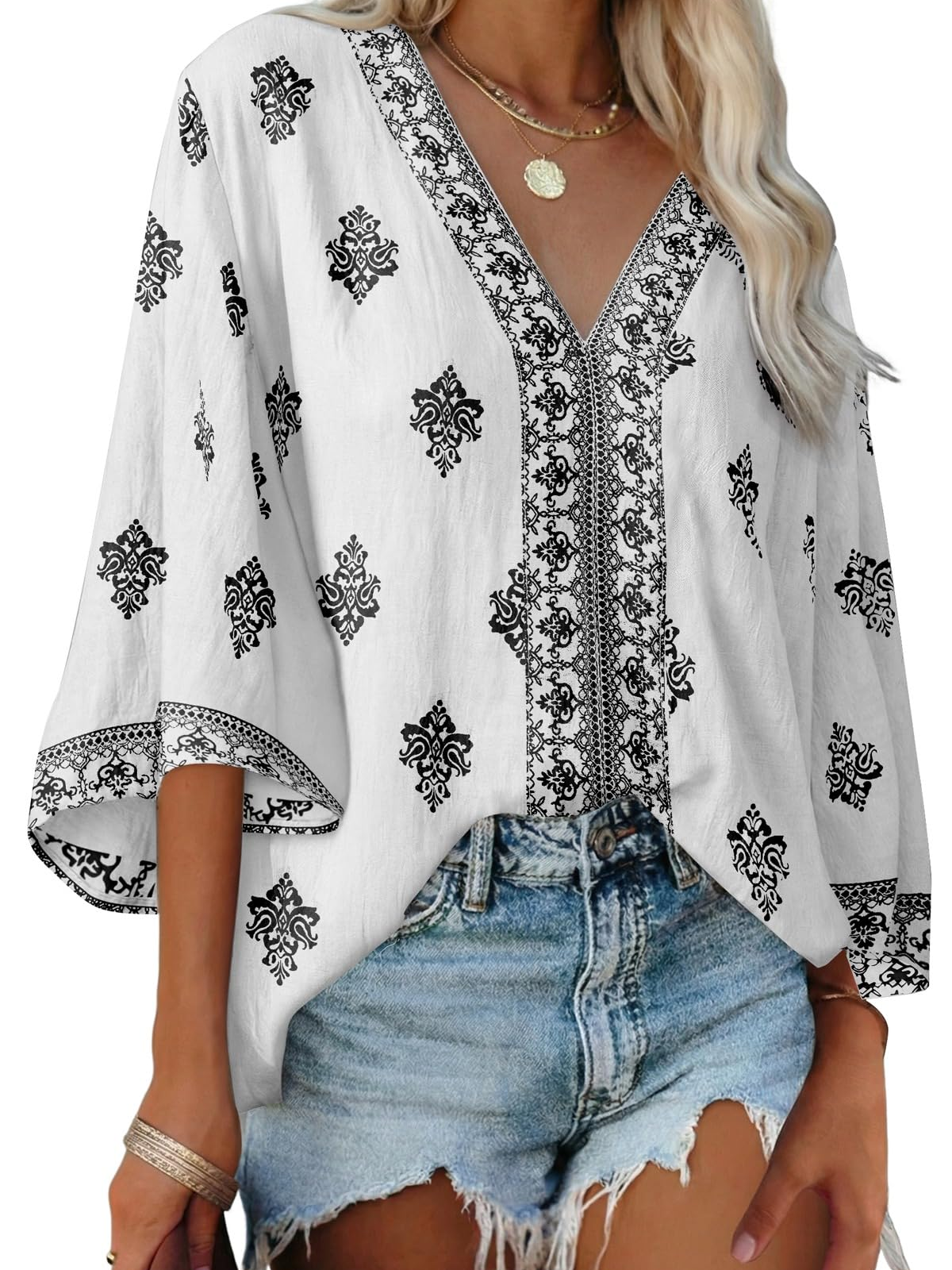 Women's Boho Embroidered V-Neck 3/4 Sleeve Blouse-S.fashion