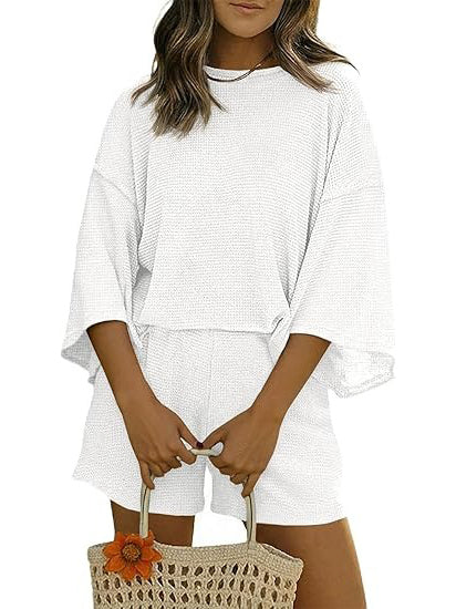 Women's Waffle Knit 3/4 Sleeve 2 Piece Lounge Set-S.fashion