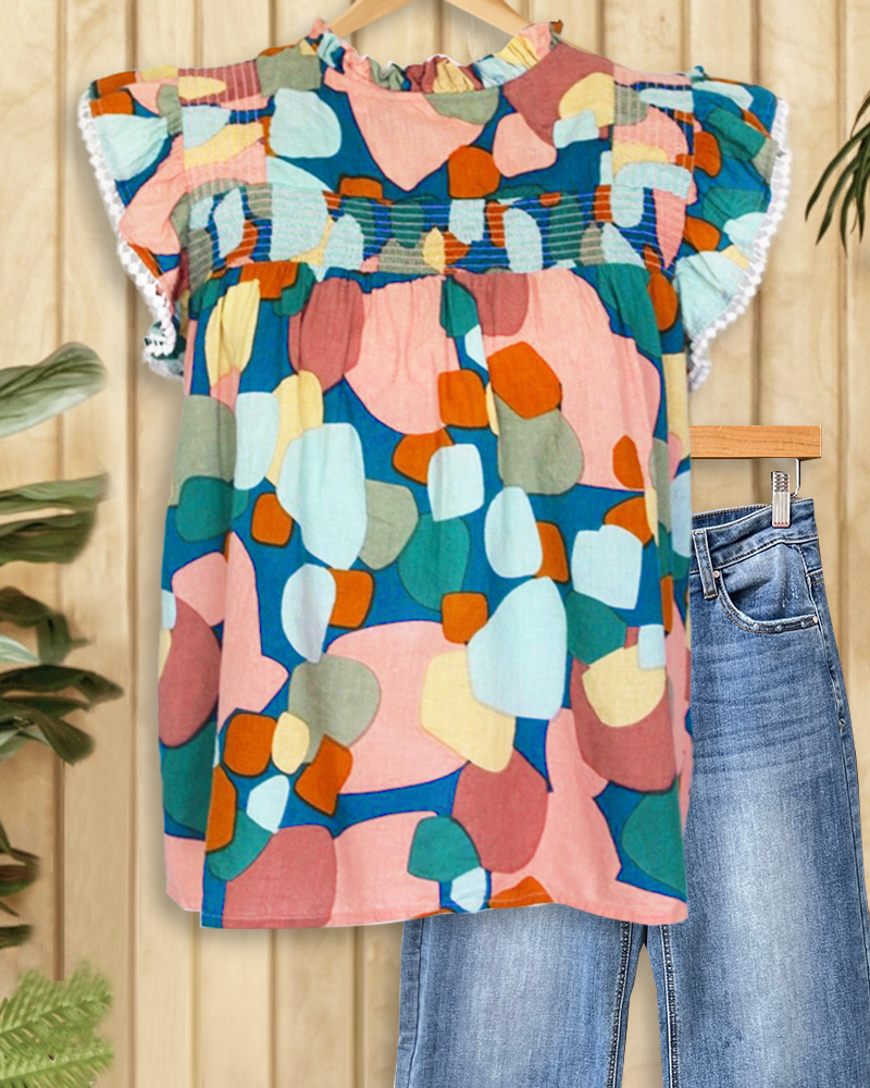 Graphic Print Ruffle Sleeve Smocked Top-S.fashion