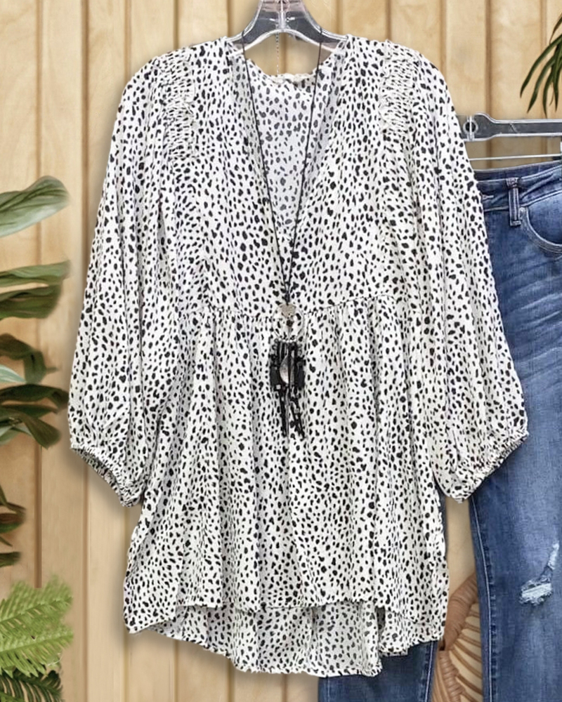 Spot Print Casual V Neck Puff Sleeve Blouse-S.fashion