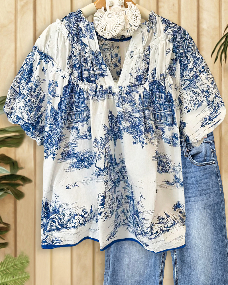 Ink Landscape Print Unique Ruffles Patchwork Puff Sleeve T-Shirt-S.fashion