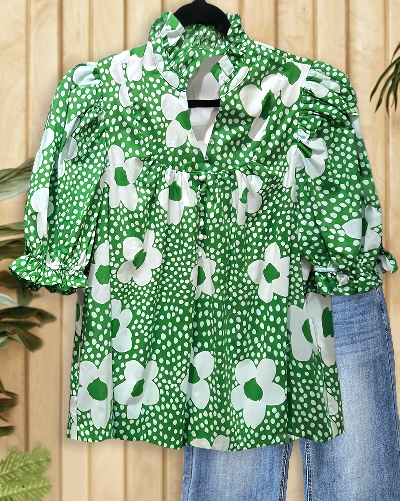 Floral Mixed Print V Neck Rocking Blouse-S.fashion