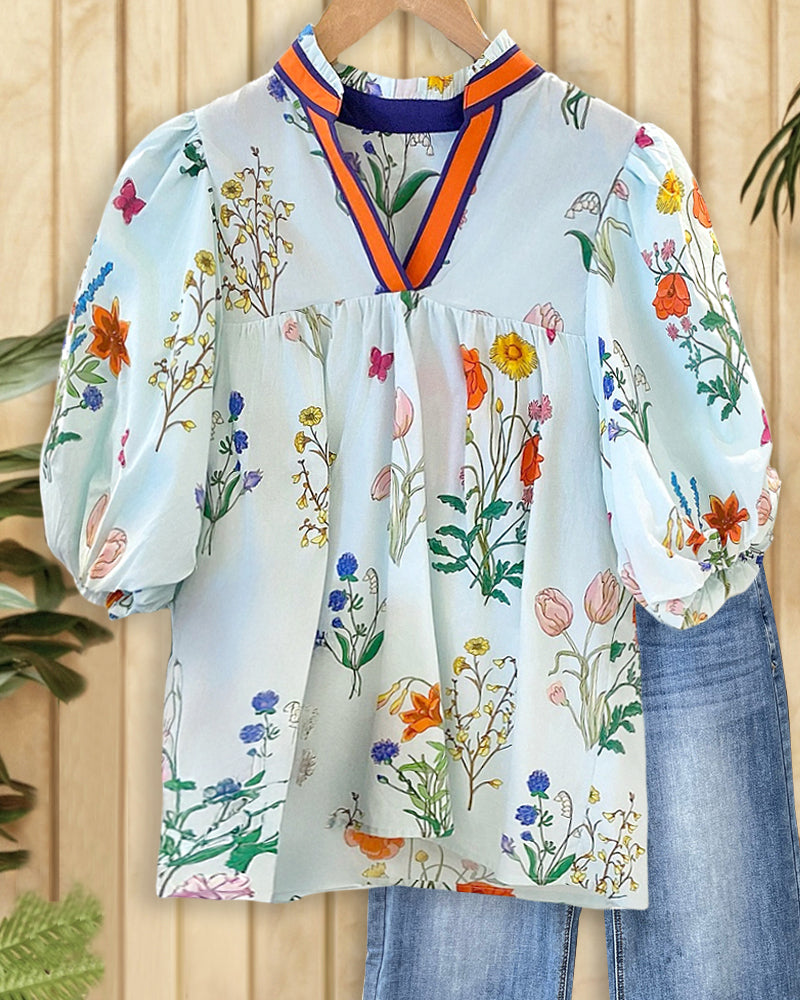 Floral Print V Neck Stunning Puff Sleeve Blouse-S.fashion