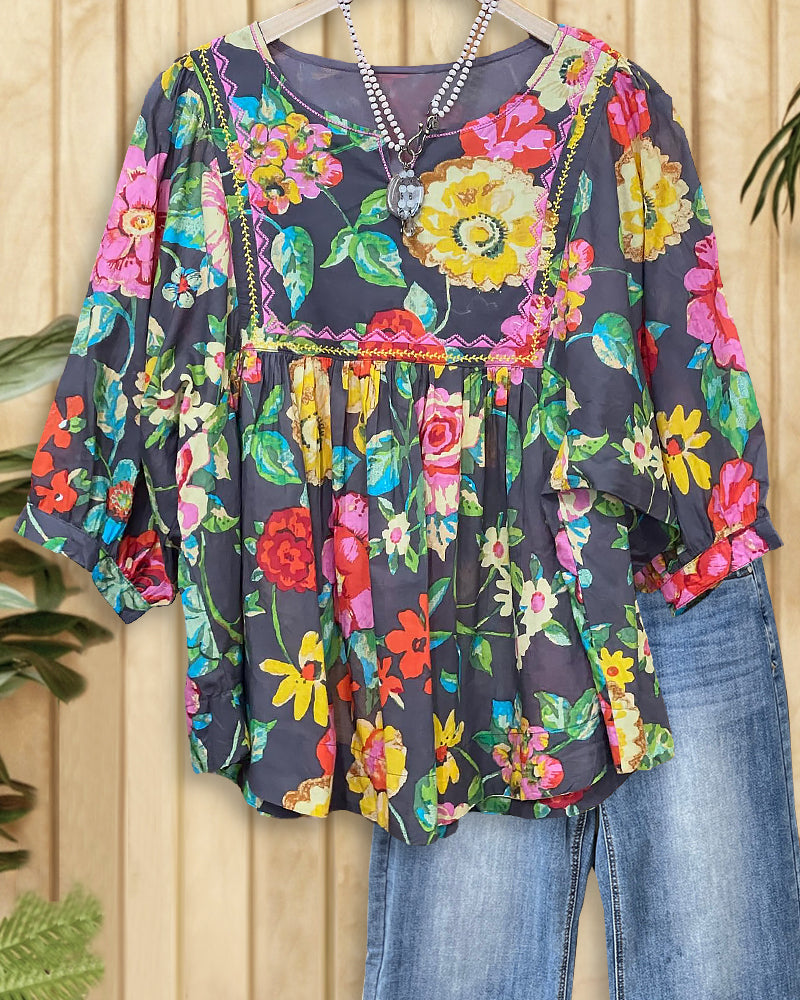 Multicolor Floral Print Relaxed Pleated Blouse-S.fashion