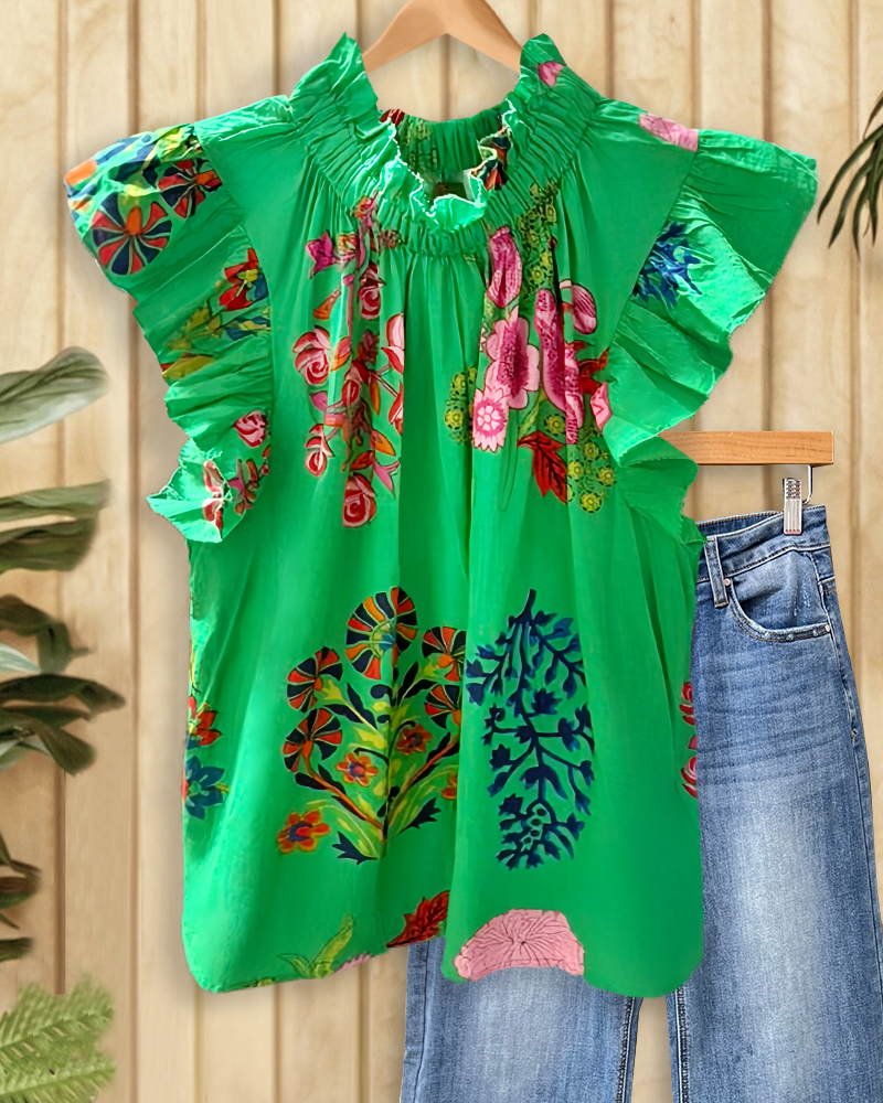 Floral Print Relaxed Ruffle Sleeve T-Shirt-S.fashion