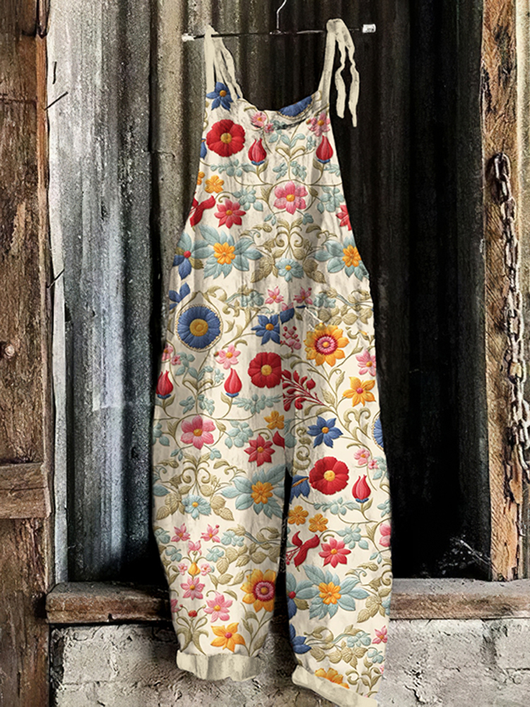 Women's Bohemian Style Floral Linen Print Cotton Linen Jumpsuit-S.fashion