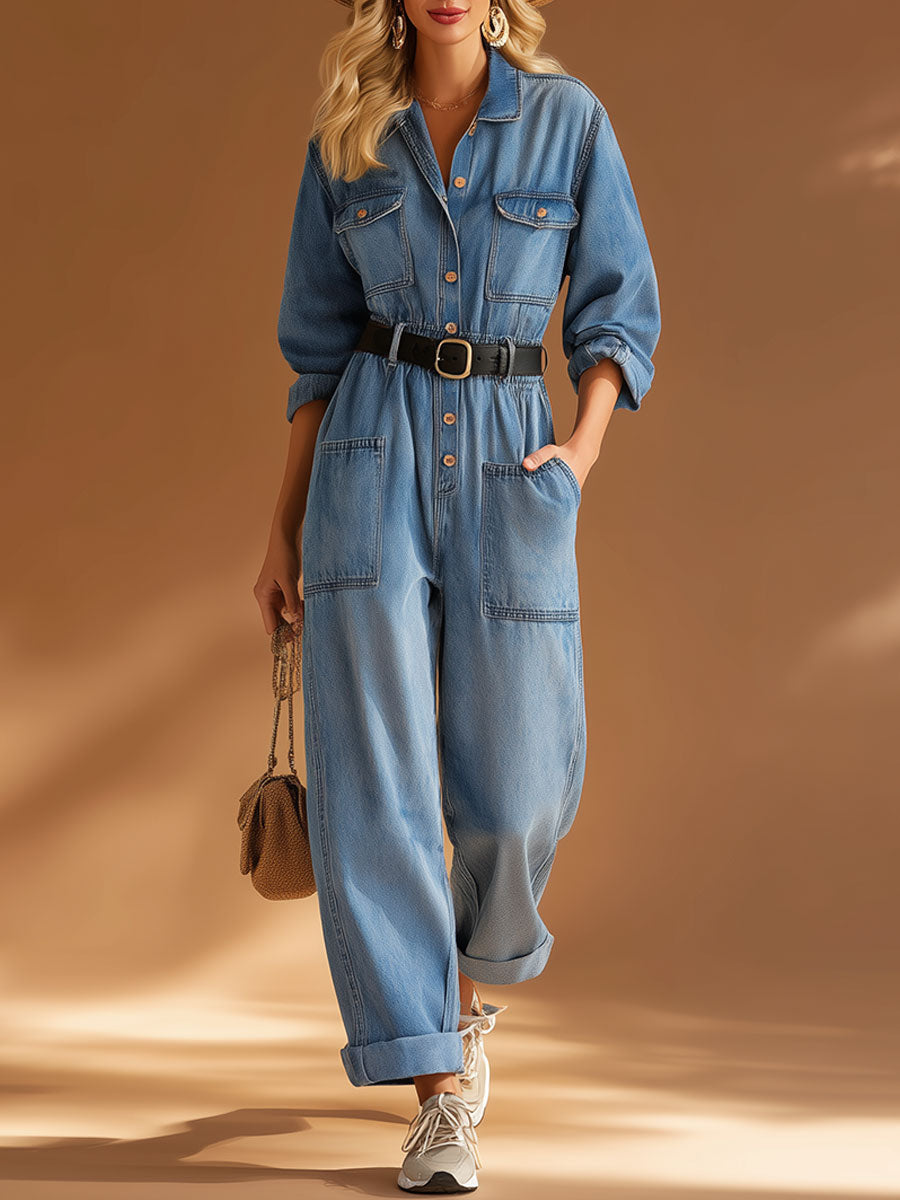 Casual Retro Lapel Button-up Blue Denim Long-sleeved Jumpsuit-S.fashion