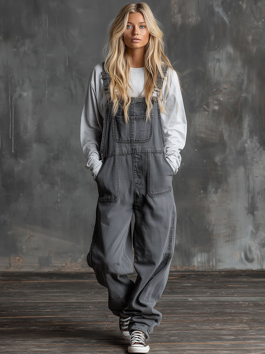 Casual Western Grey Denim Loose Multi-Pocket Jumpsuit Overalls-S.fashion