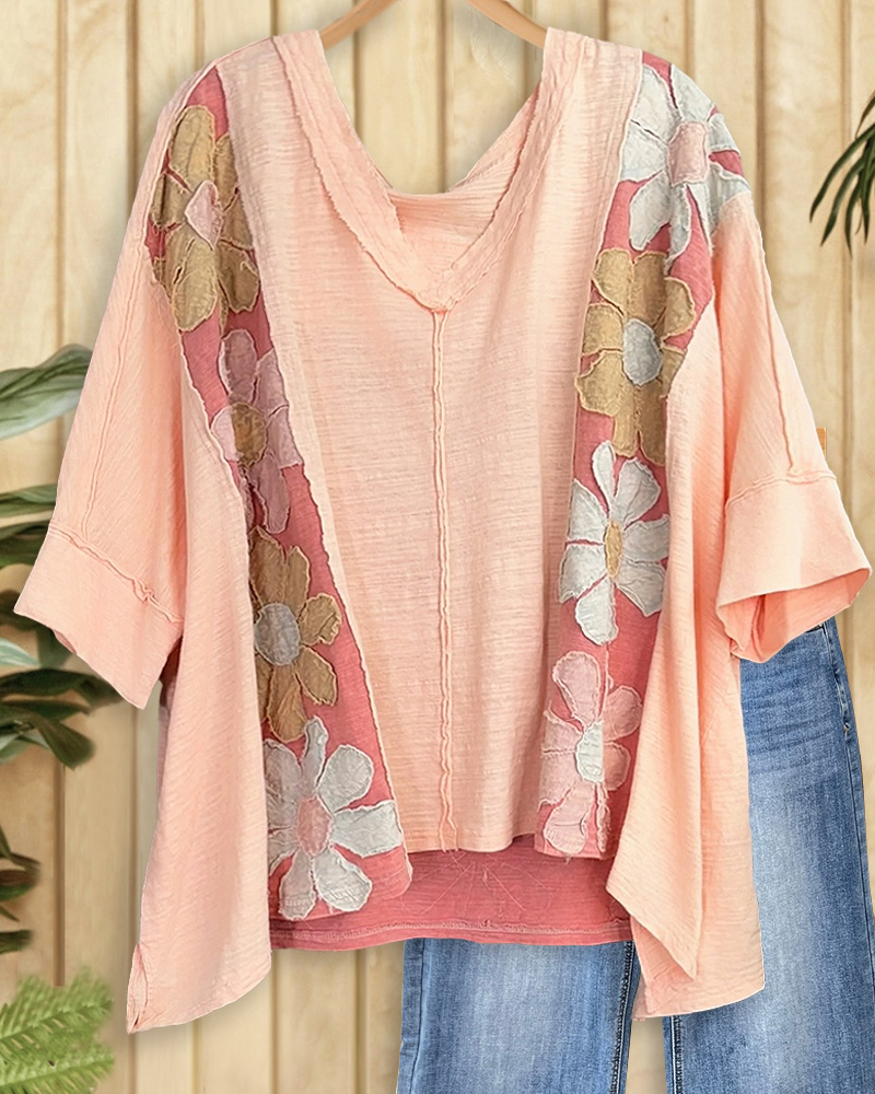 Floral Applique Patchwork On-trend Irregular T-Shirt-S.fashion