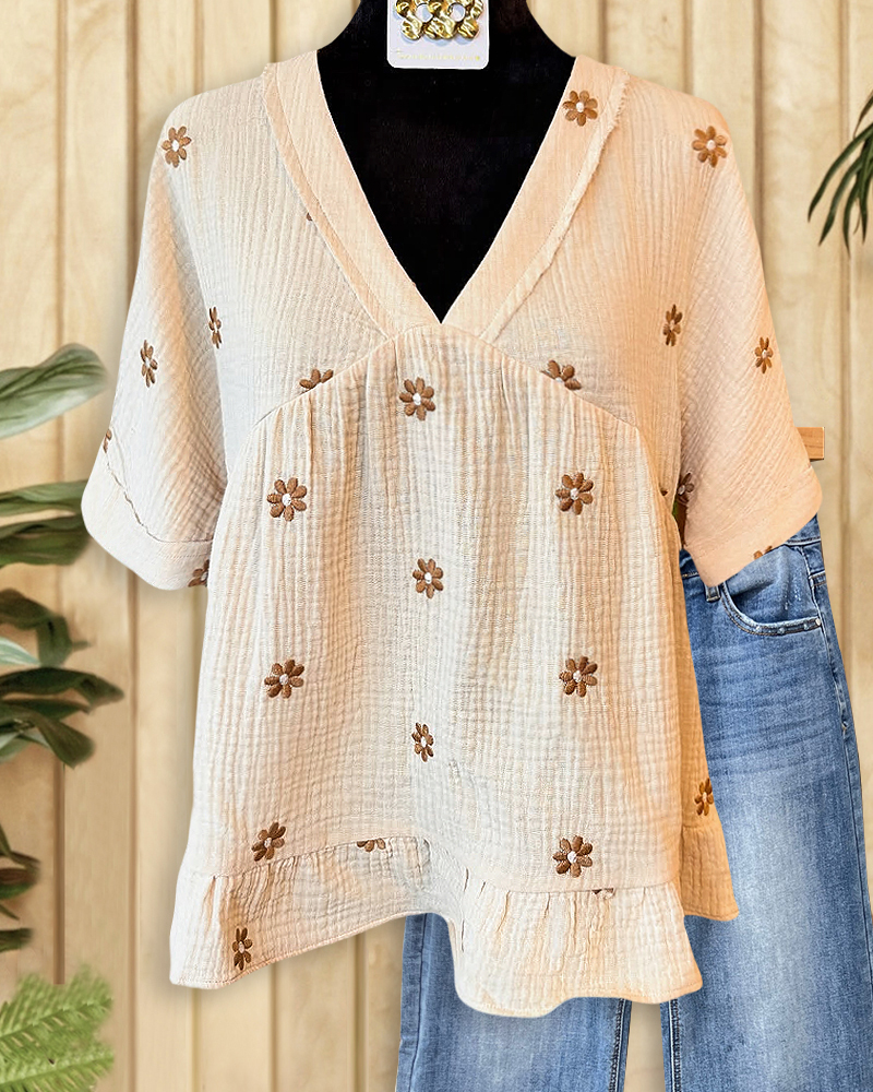 Floral Print V Neck Girly Ruffled Blouse-S.fashion
