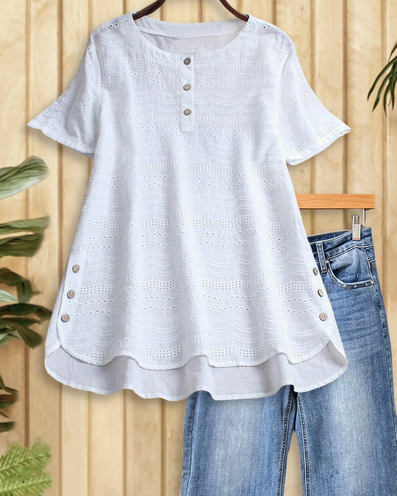 Solid Color Eyelets Classic Round Neck Button Blouse-S.fashion