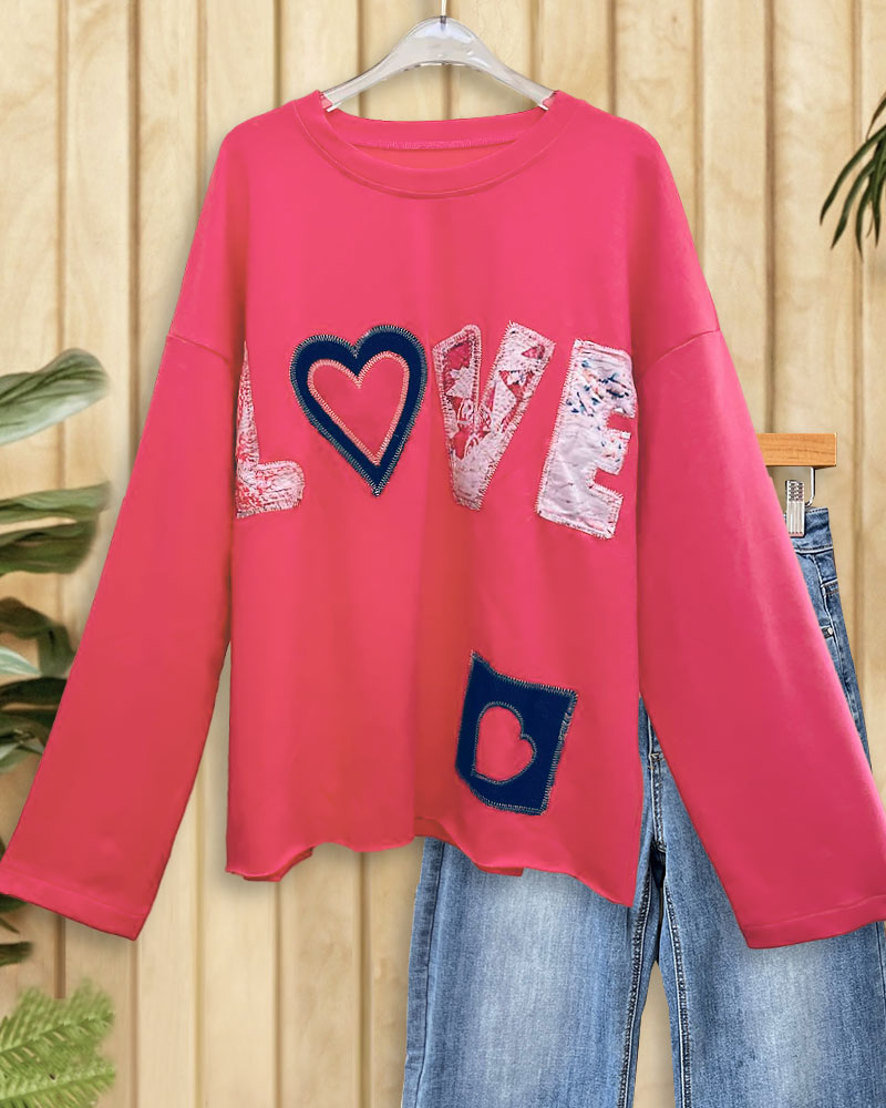 LOVE Applique Pocket Chic Drop Shoulder Sweatshirt (Without Liner)-S.fashion