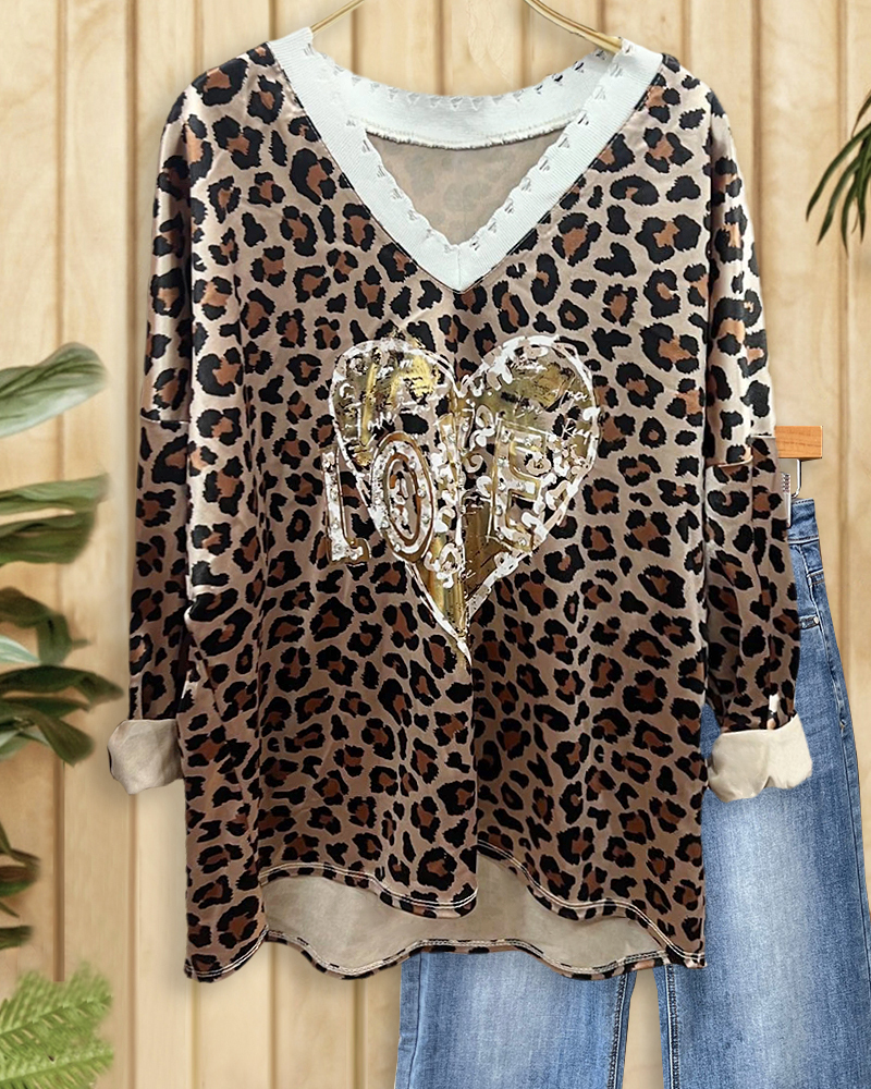 Heart & Leopard Mixed Print Bold V Neck Blouse-S.fashion