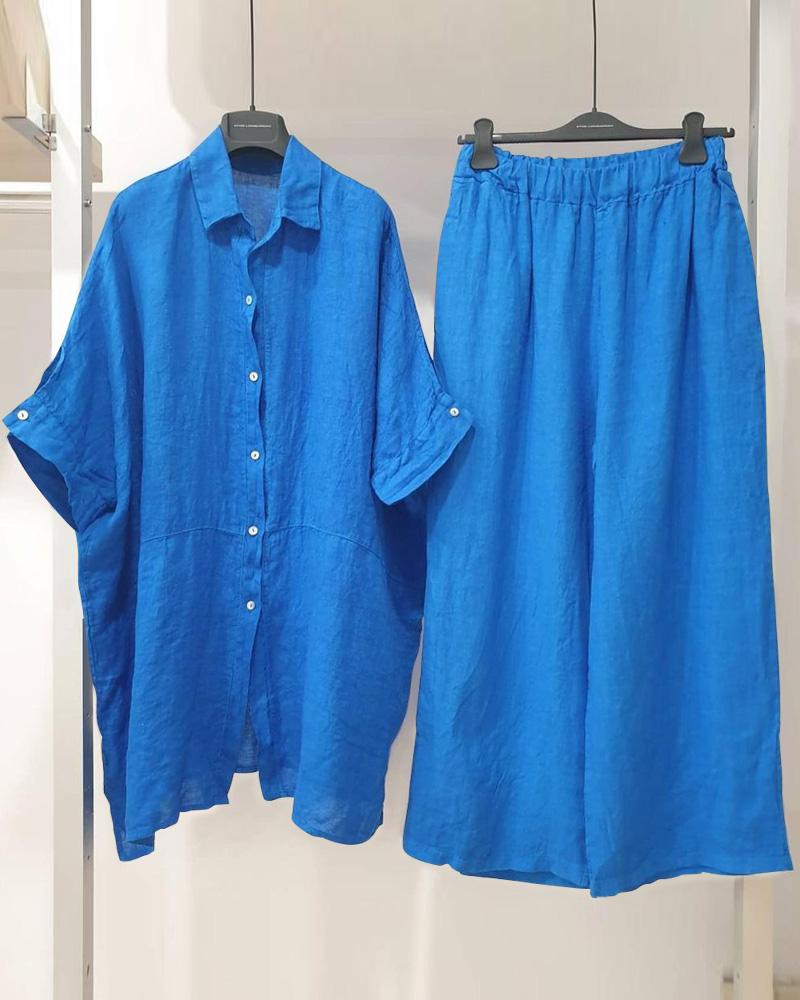 Cotton And Linen Causal Simple Color Two Piece Suit-S.fashion