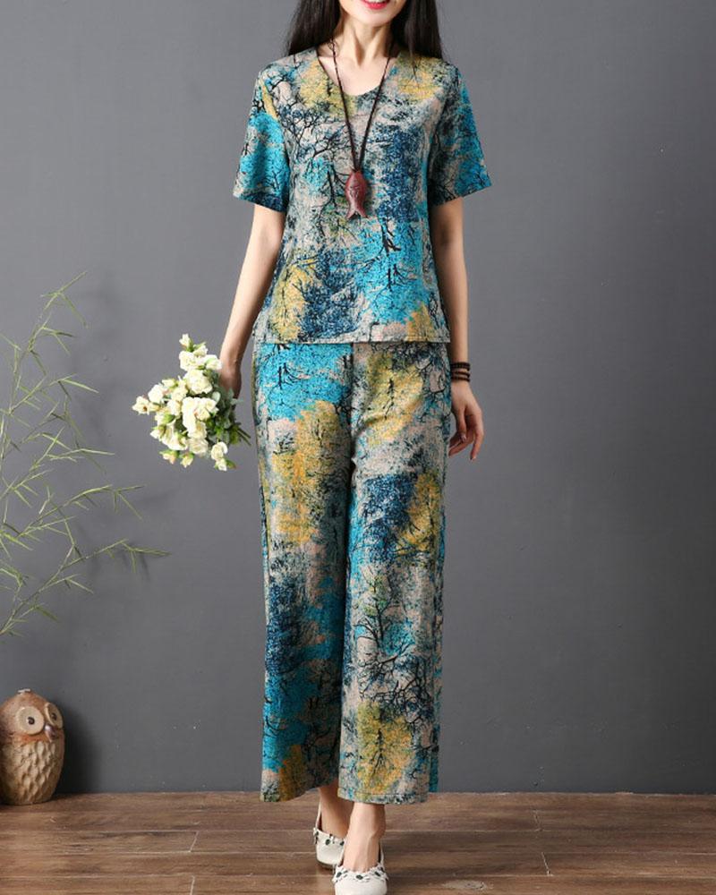 Ethnic Style Printing Short Sleeves Casual Two-piece Suits-S.fashion