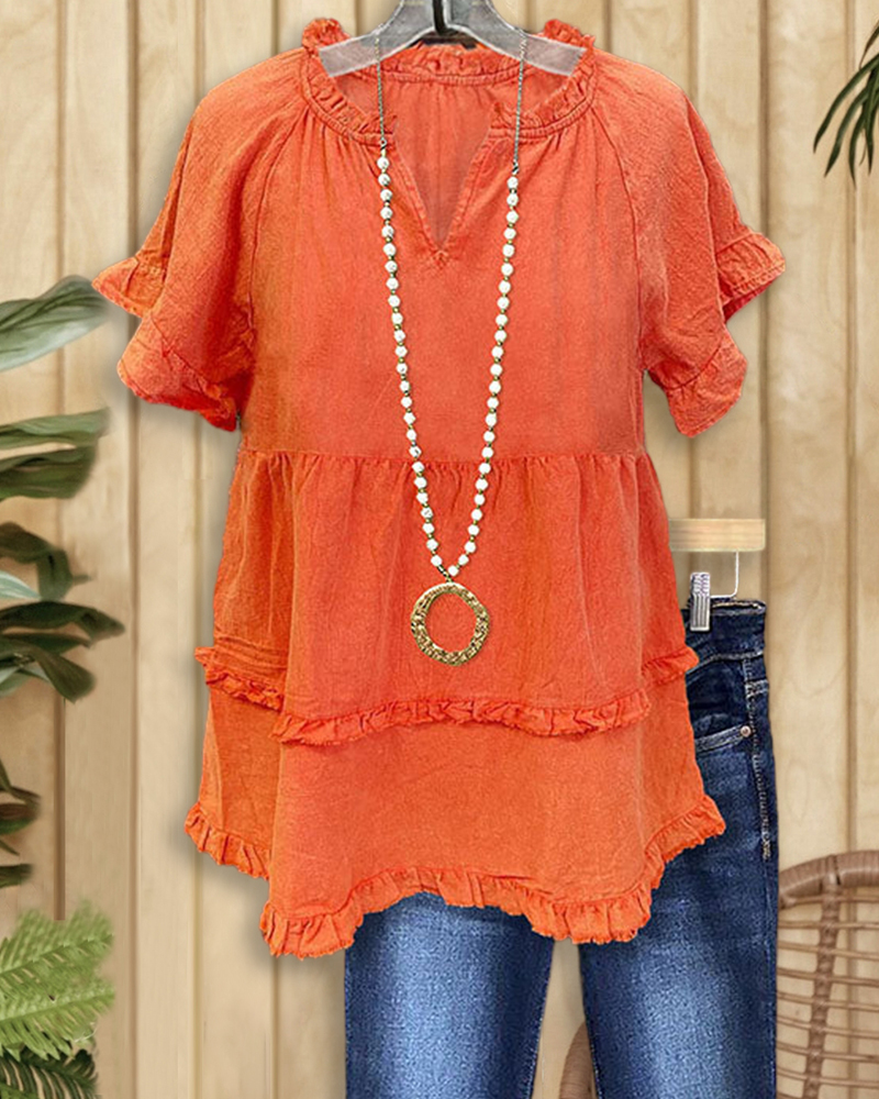 Casual Ruffled Pleated V-neck Cotton Blend Top-S.fashion