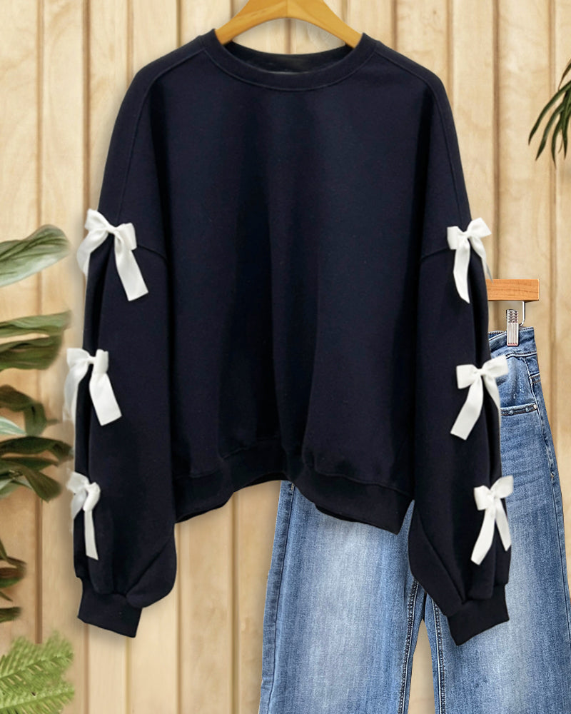 Hit Color Bow Decor Rocking Drop Shoulder Sweatshirt-S.fashion