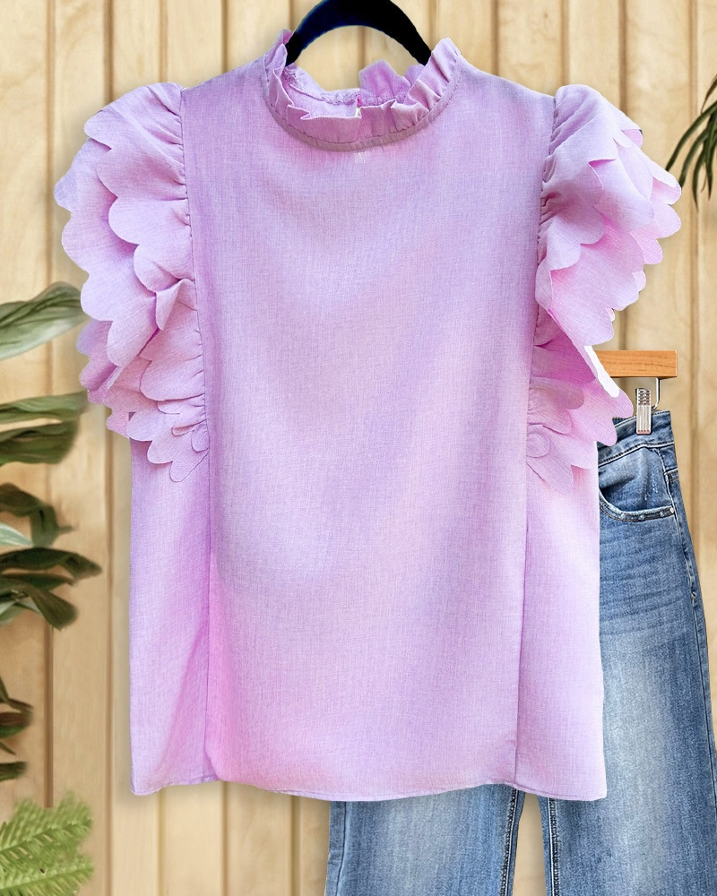 Solid Color Elegant Ruffle Sleeve T-Shirt-S.fashion